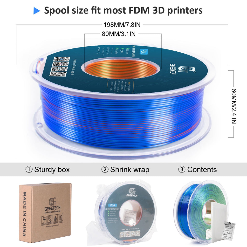 Geeetech Anti-silk type 3D Printer PLA Filament 1kg Toughness Enhanced Filament with 1.75mm Dimensional Accuracy +/-0.03mm, 1080 Feet per Roll, Vacuum Packaging Three-color blue, purple and black