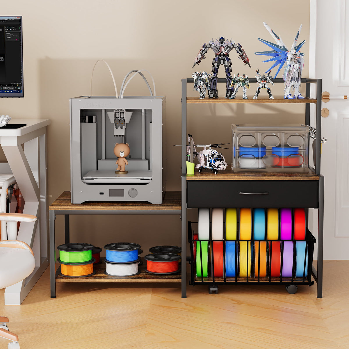 Heavy Duty 3D Printer Stand with Storage Shelf and Drawer, Industrial Rolling Printer Rack for 3D Printer Filament and Tools, Sturdy Metal Frame Printer Table for Home Office Workshop