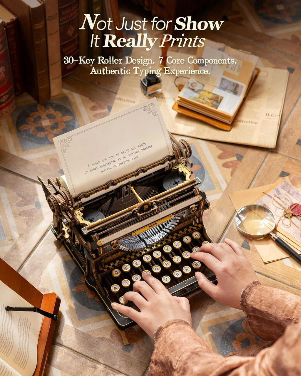 ROKR Mechanical Typewriter 3D Wooden Puzzle for Adults- Vintage Model Kit, No Glue, 324 PCS, (Classic Version)