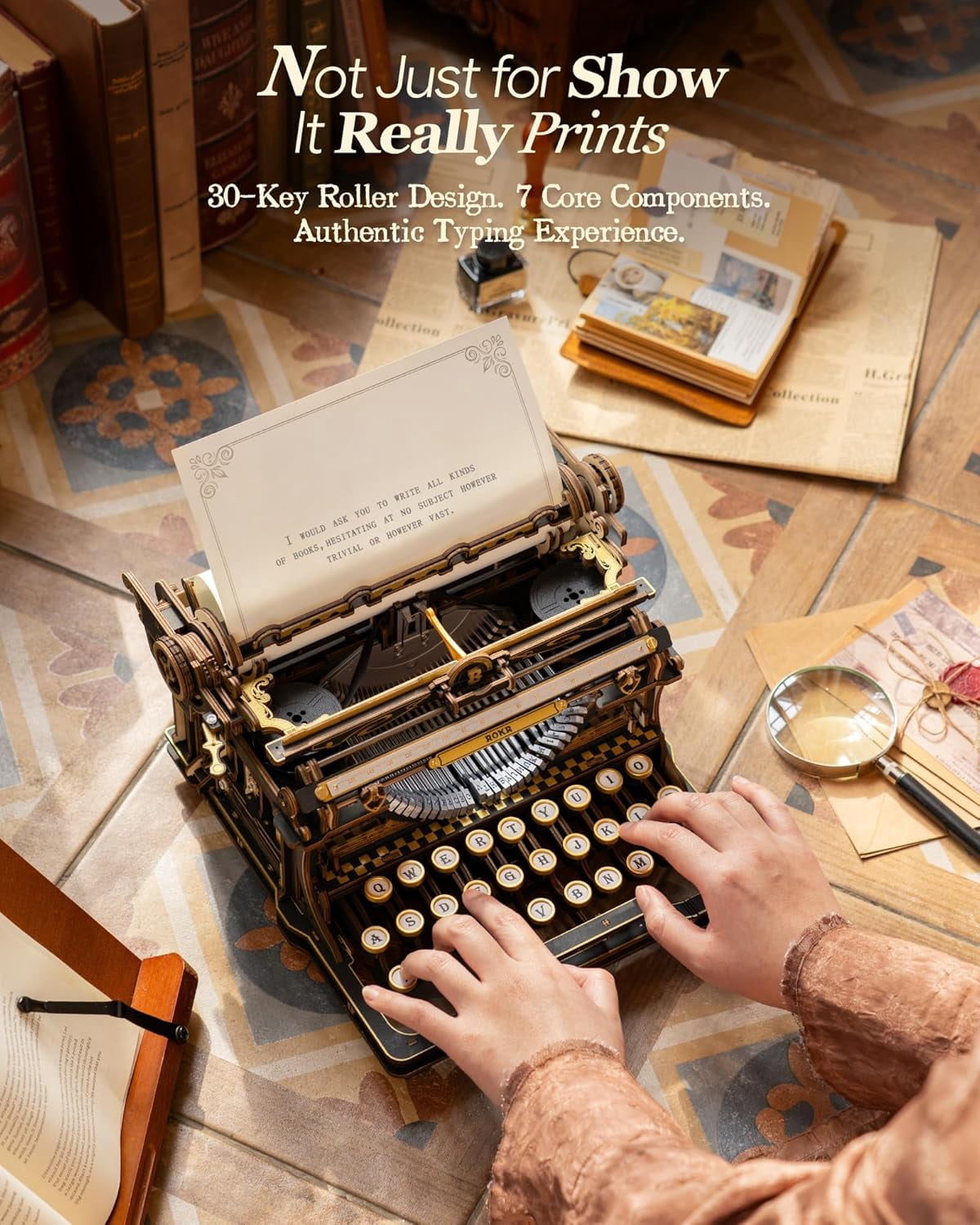 ROKR Mechanical Typewriter 3D Wooden Puzzle for Adults- Vintage Model Kit, No Glue, 324 PCS, (Classic Version)