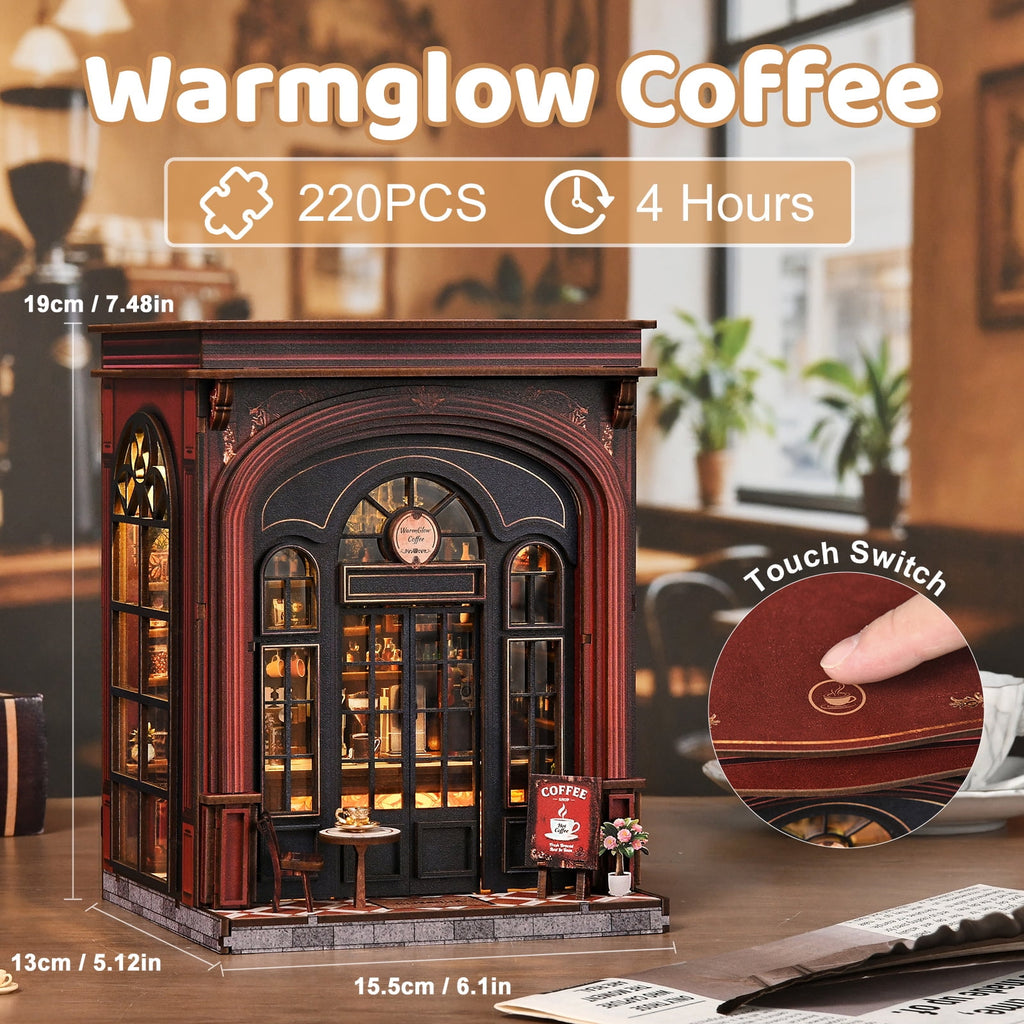 DIY Book Nook Kit with LED Light,Forest Tea Book Club Miniature House Bookshelf Insert Decor, 3D Wooden Puzzle Dollhouse Craft Kit for Adults Teens, Book Lover Gift