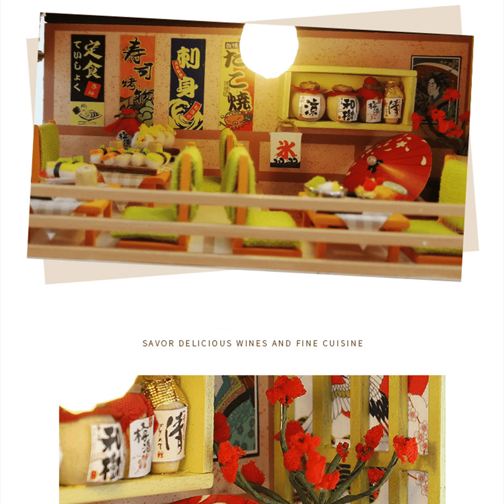 DIY Vintage Japanese Sushi Shop 3D Wooden Building Model Kit, 200+ PCS Miniature House Puzzle, Creative Handcrafted Display Gift for Adults
