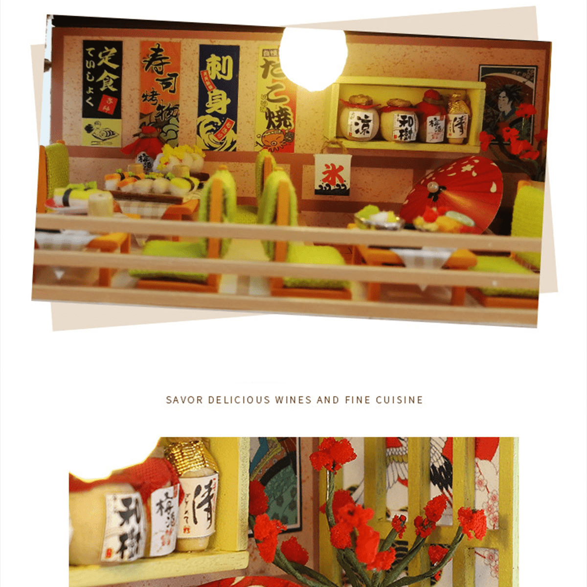 DIY Vintage Japanese Sushi Shop 3D Wooden Building Model Kit, 200+ PCS Miniature House Puzzle, Creative Handcrafted Display Gift for Adults