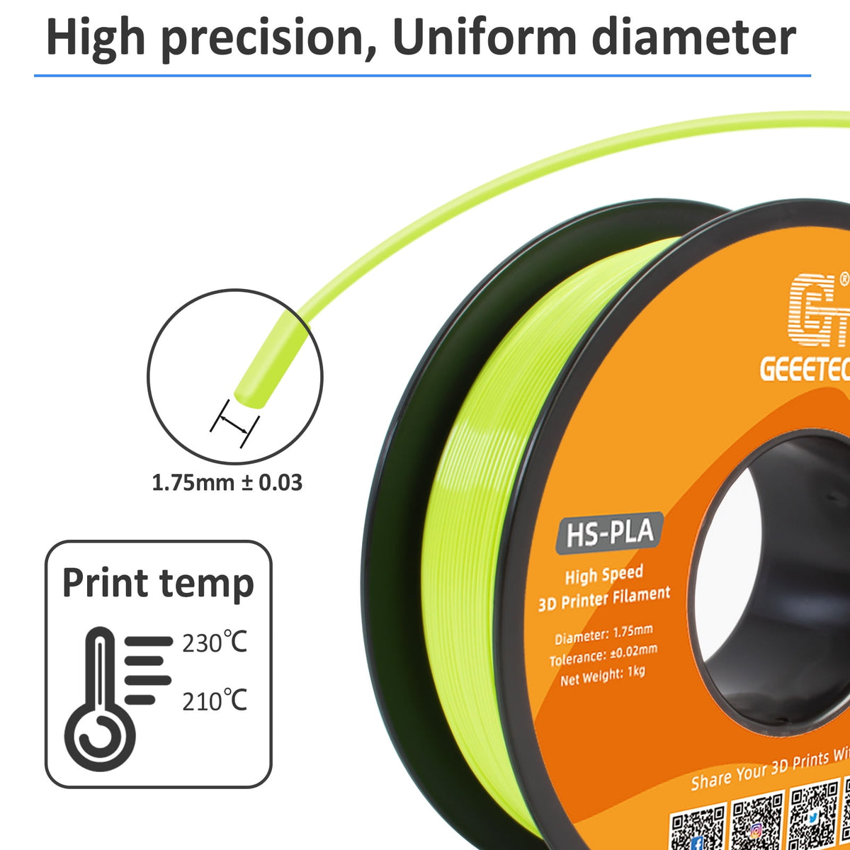 Geeetech 1.75mm PLA 3D Printer Filament, 1kg Spool (2.2lbs), Dimensional Accuracy +/- 0.03mm,yellow