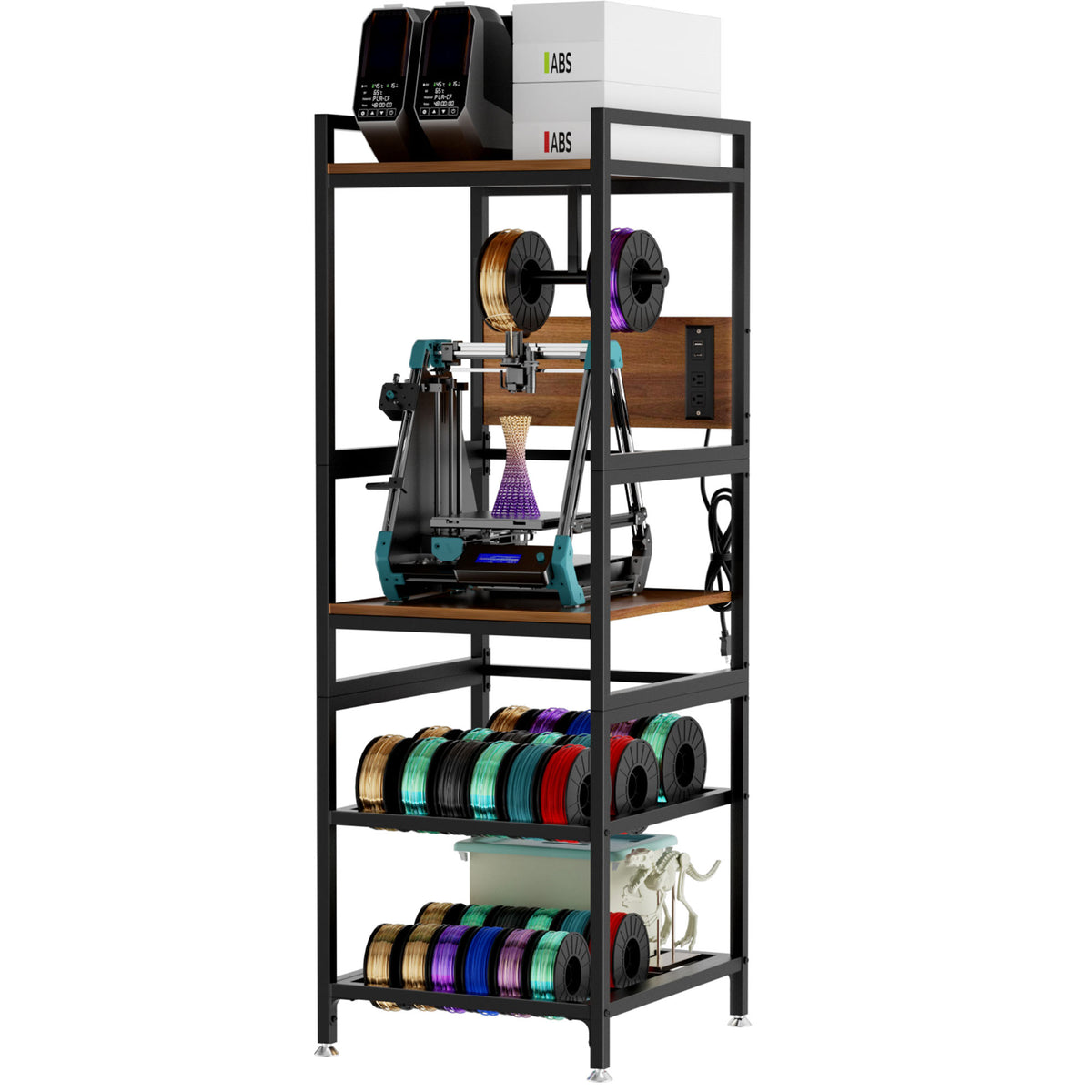 CQSXDA 3D Printer Stand with Filament Storage and Built-in Power Panel, Metal Frame Open Workstation for Home & Workshop