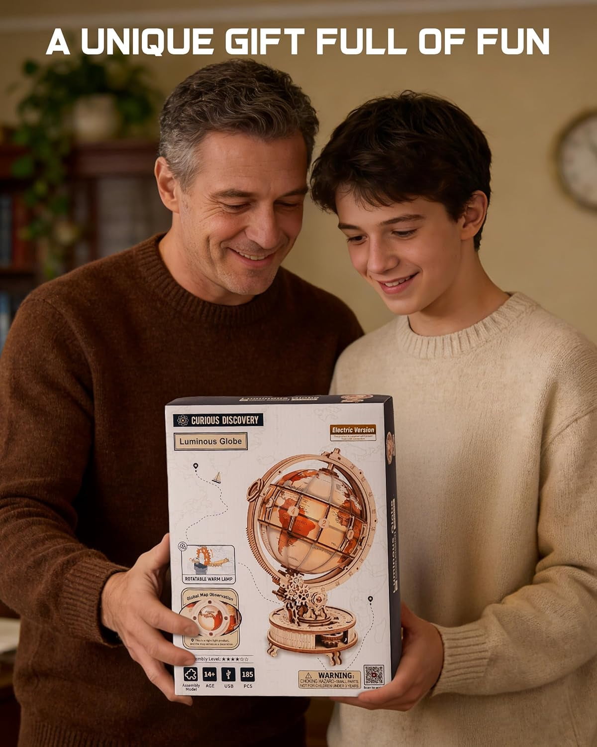Robotime Illuminated Rotating Globe Wood 3D Puzzle with Night Light, Creative Gift For Adults & Teens 14+, 185 Pieces