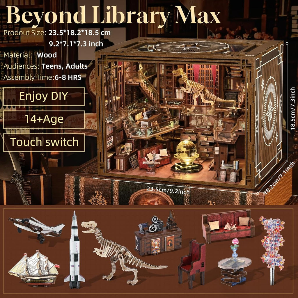 Beyond Library Max DIY Book Nook Kit, Miniature Dollhouse Booknook Kit, 3D Wooden Puzzle Bookend Bookshelf Insert Decor with LED Light for Teens and Adults