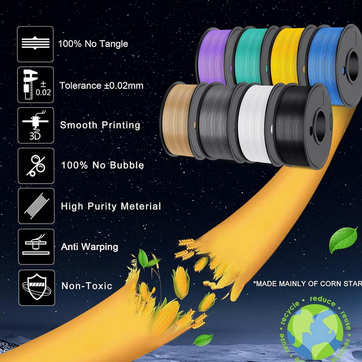 PLA 3D Printer Filament Bundle, 8 Spools 250g Each 2kg Total, 1.75mm Multicolor Black White Grey Red Blue Orange Green Transparent, Vacuum Packed, 3D Printing Filament Refill for 3D Pens and Printers