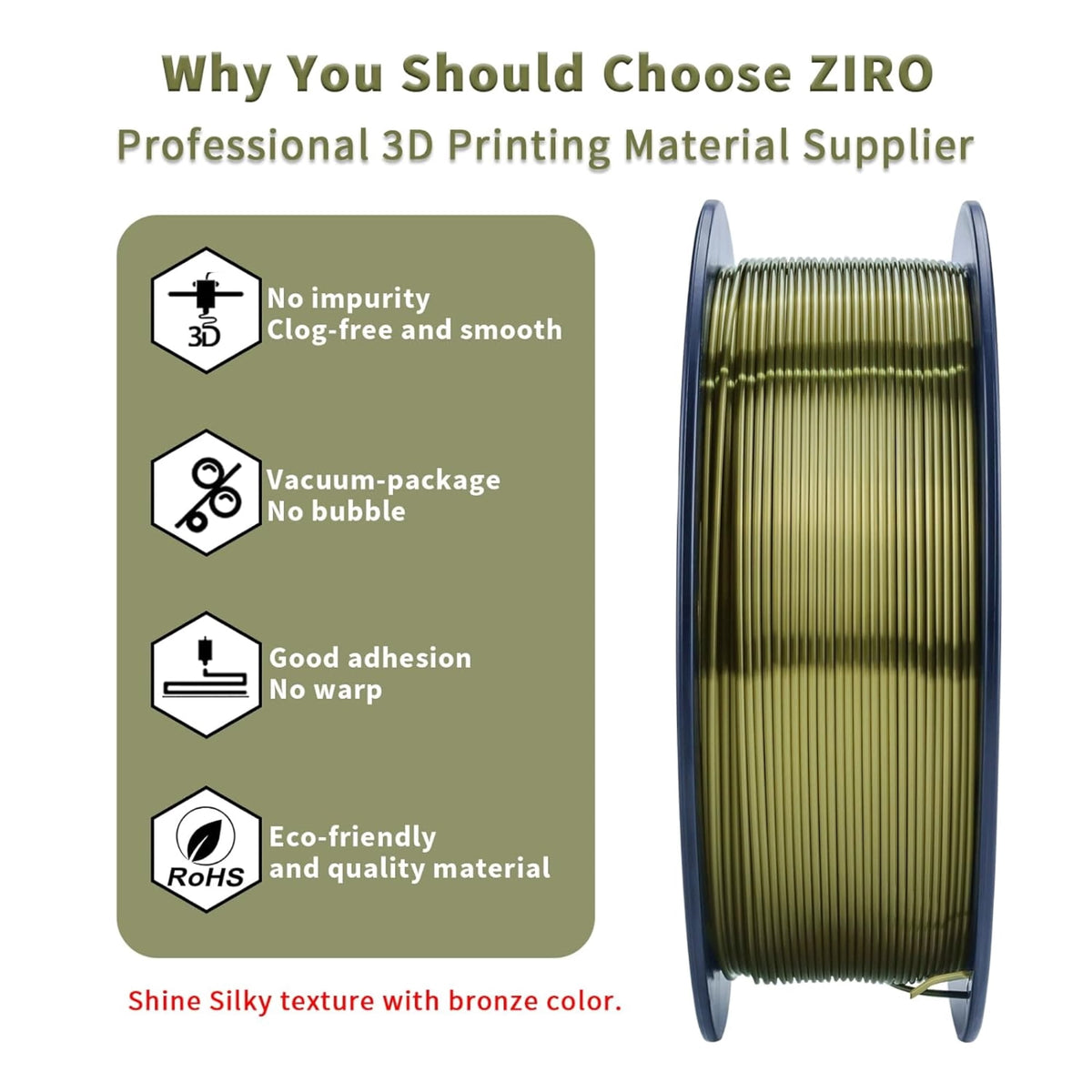 Ziro 3D Silk PLA Filament 1.75mm 1kg, Silver-Gray