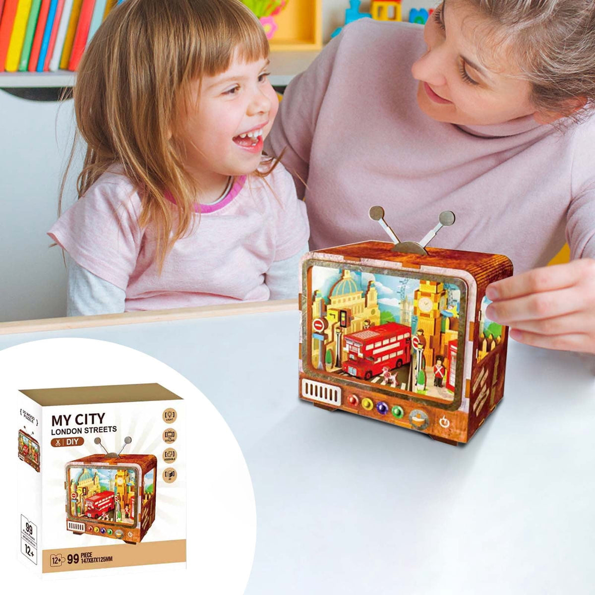 Yardvibe CityVision 3D Wooden Building Puzzle, TV-Shaped 3D Wooden Puzzle with LED Lights & Street View Inside, DIY Craft Model Kit for Adults, Elegant Home Decor & Creative Gift (Japan)