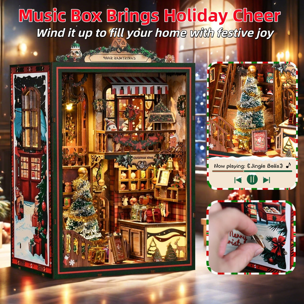 Diy Book Nook Kit with Music Box, Christmas Shop 3D Wooden Puzzle for Bookshelf Decor, Miniature House Craft Gift for Adults & Teens