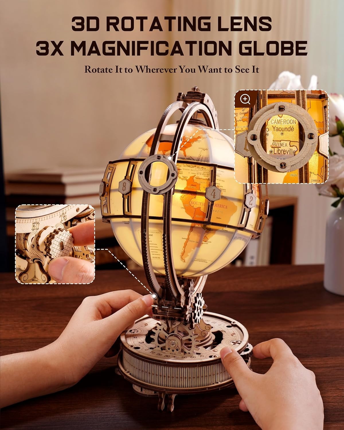 Robotime Illuminated Rotating Globe Wood 3D Puzzle with Night Light, Creative Gift For Adults & Teens 14+, 185 Pieces