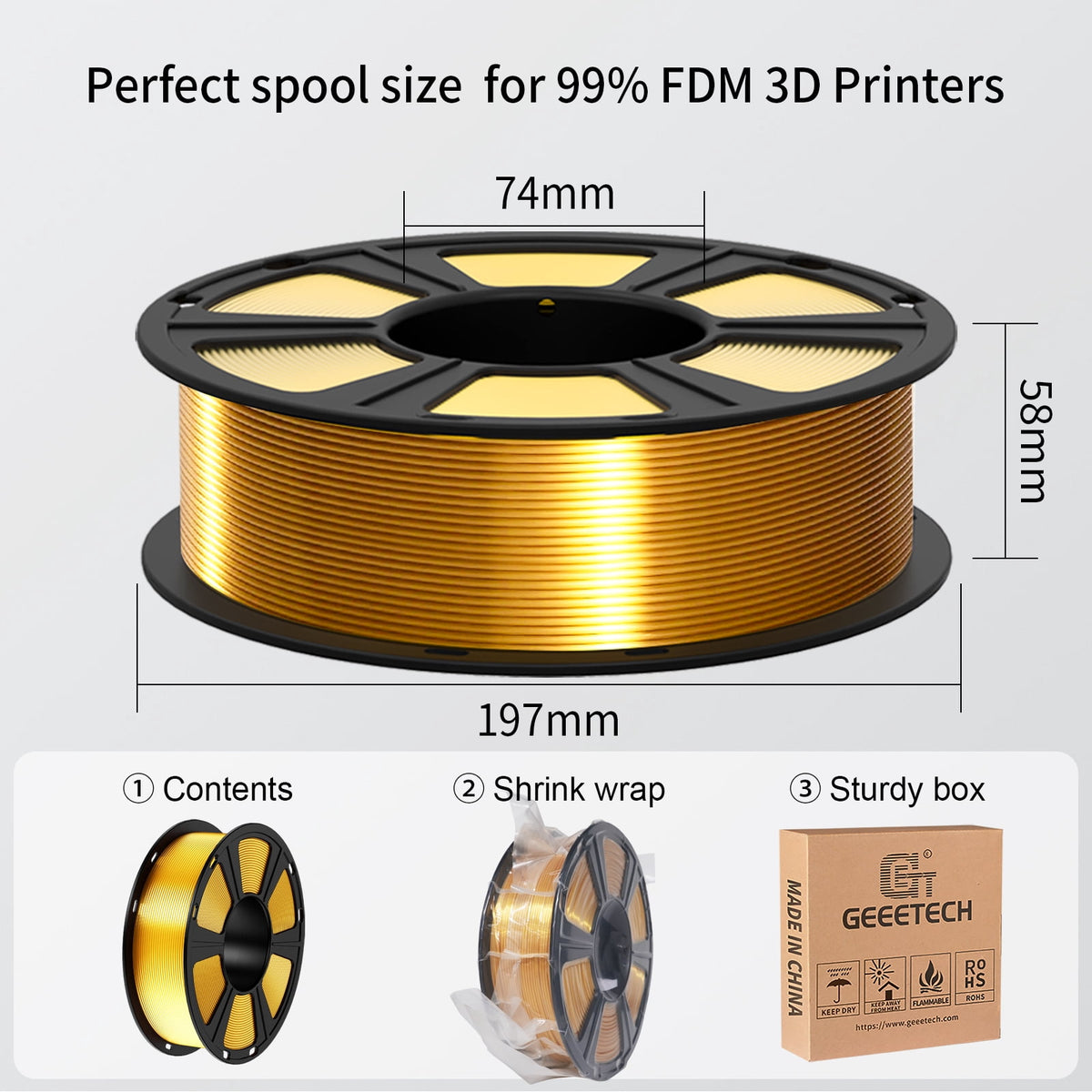 Geeetech 3D Printer PLA Filament Shiny Silk Gold Toughness Enhanced Filament with 1.75mm Dimensional Accuracy +/-0.03mm, 1080 Feet Per Roll, Vacuum Packaging, for Most 3D FDM Printer