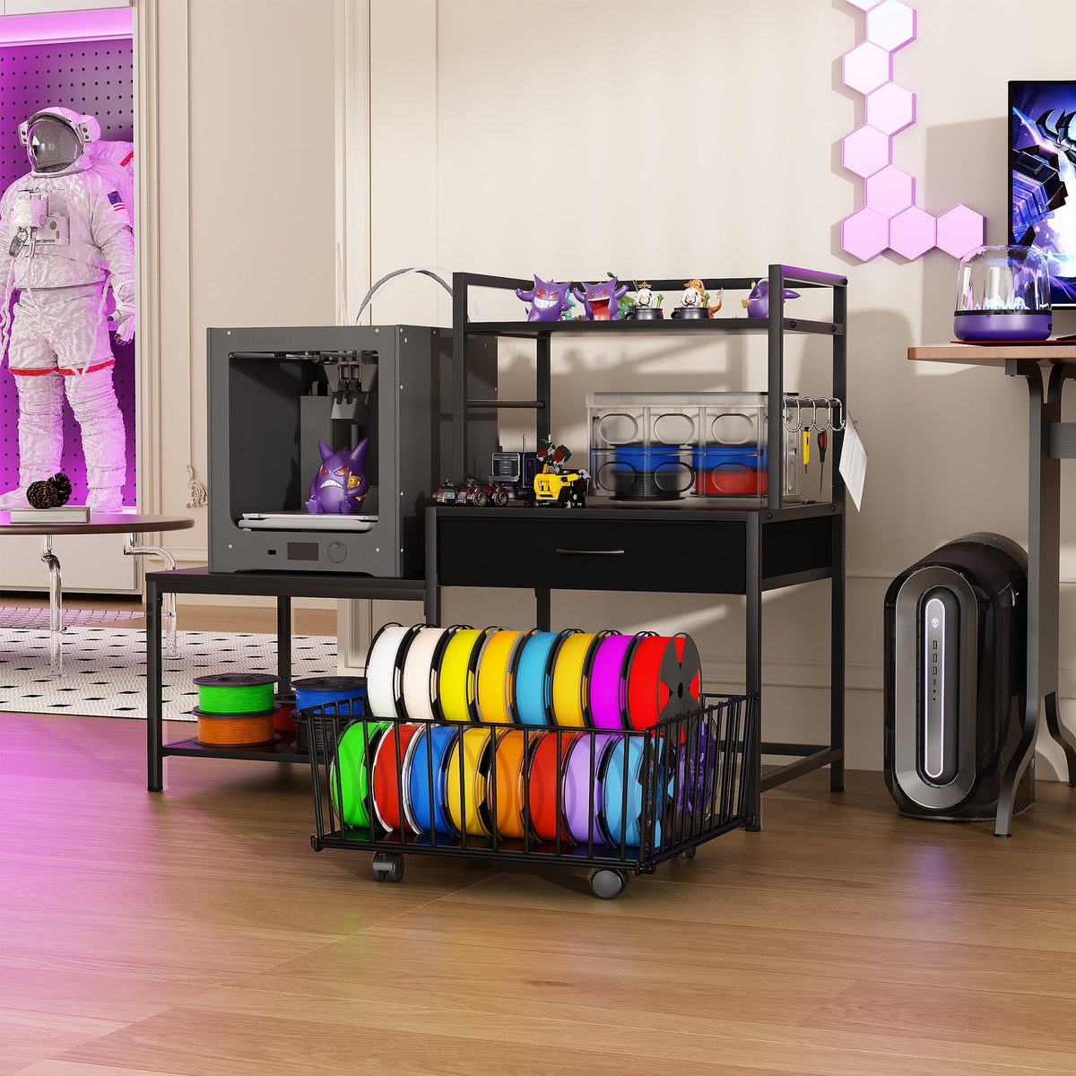 Heavy Duty 3D Printer Stand with Storage Shelf and Drawer, Industrial Rolling Printer Rack for 3D Printer Filament and Tools, Sturdy Metal Frame Printer Table for Home Office Workshop