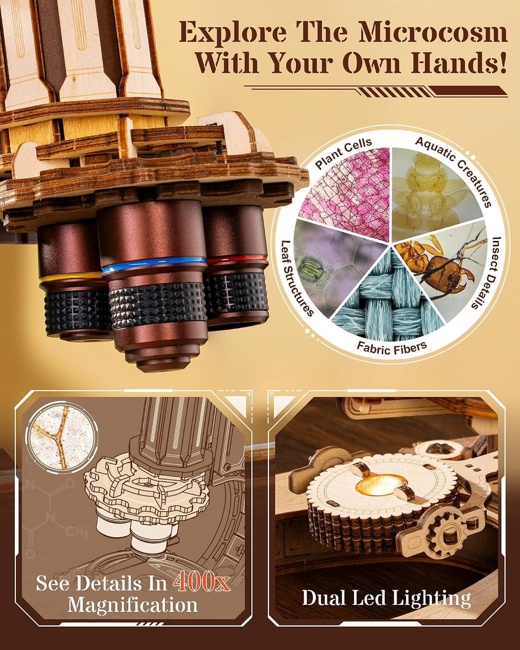 ROKR Functional Wooden Microscope 3D Puzzle Kit, 260-Piece Mechanical Model with 40X, 100X and 400X Magnification, LED Light and Adjustable Focus for Ages 14+