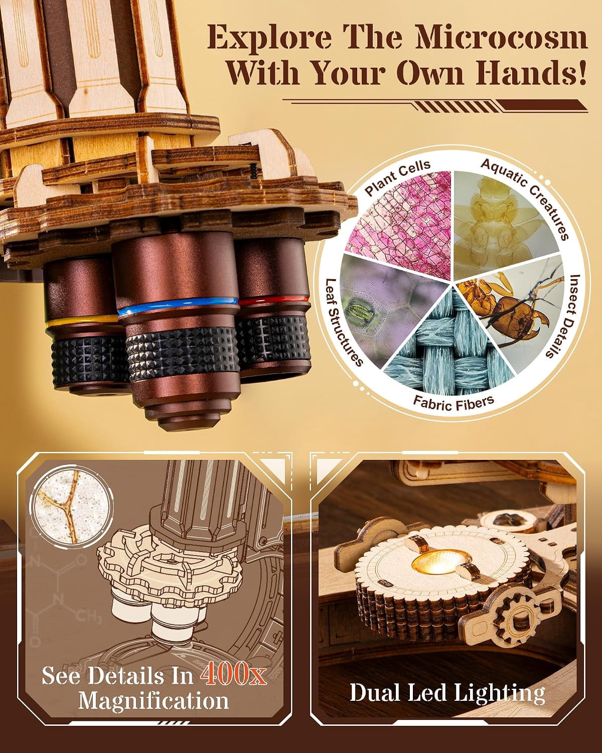 ROKR Functional Wooden Microscope 3D Puzzle Kit, 260-Piece Mechanical Model with 40X, 100X and 400X Magnification, LED Light and Adjustable Focus for Ages 14+