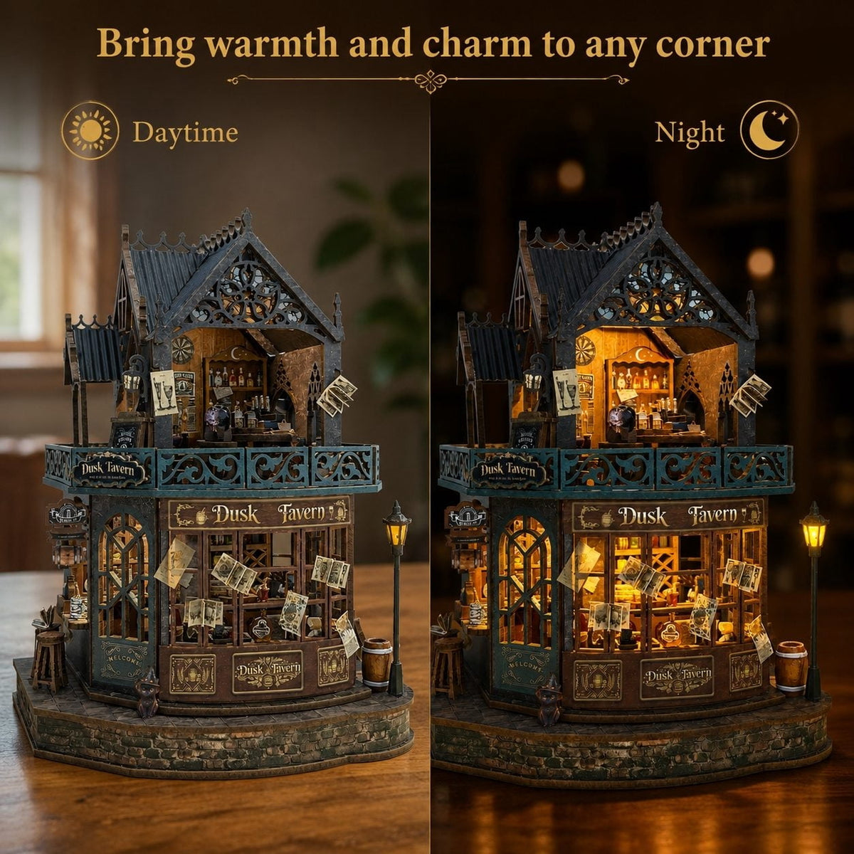 Twilight Tavern DIY Miniature House Kit – Wooden 3D Puzzle with LED Lights, Creative Building Model & Relaxing Craft Gift