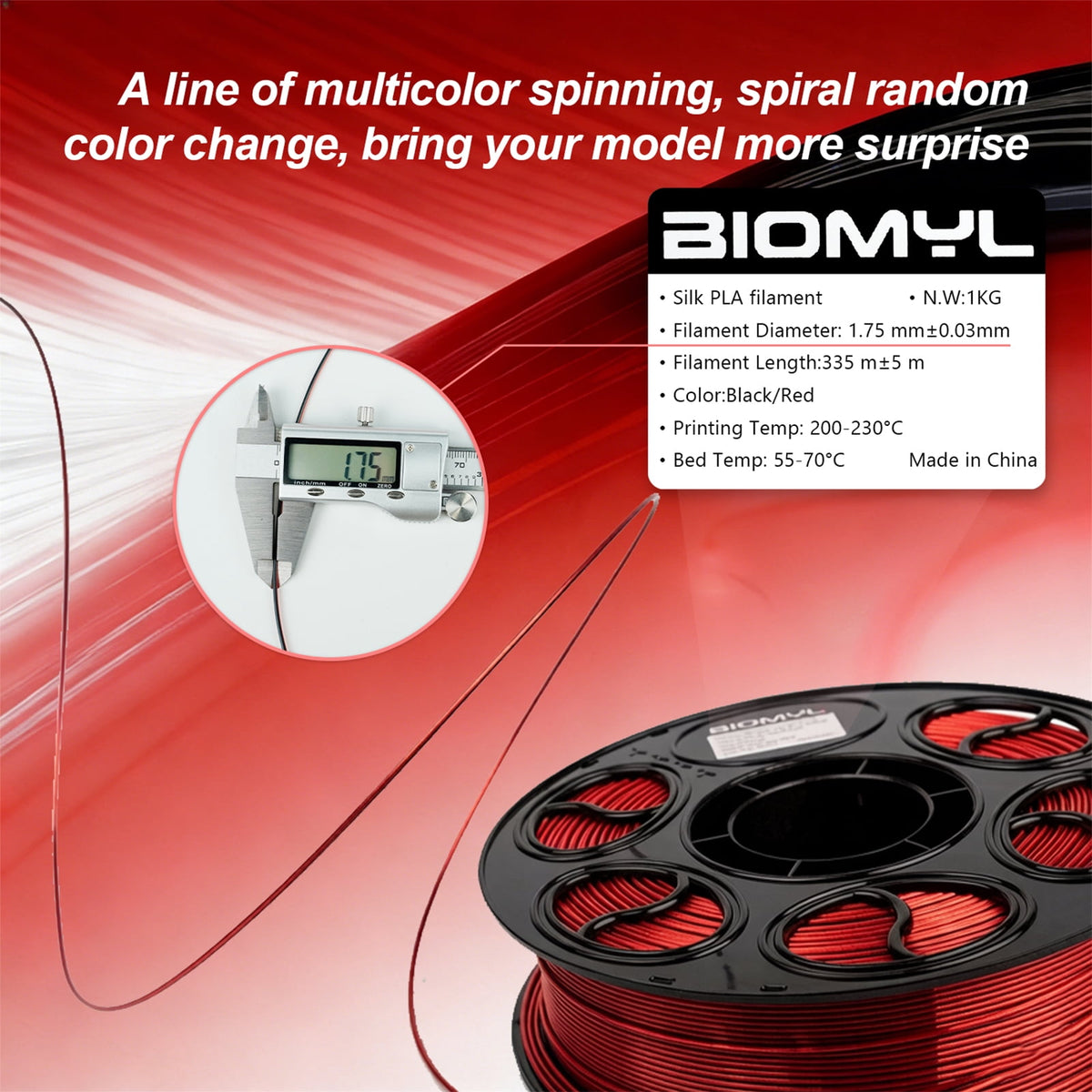 BIOMYL PLA 3D Printer Filament, PLA Filament 1.75mm Metal Gradient Color silk PLA, Tri Gold/Silver/Copper, 1kg Spool, Accuracy +/- 0.03mm