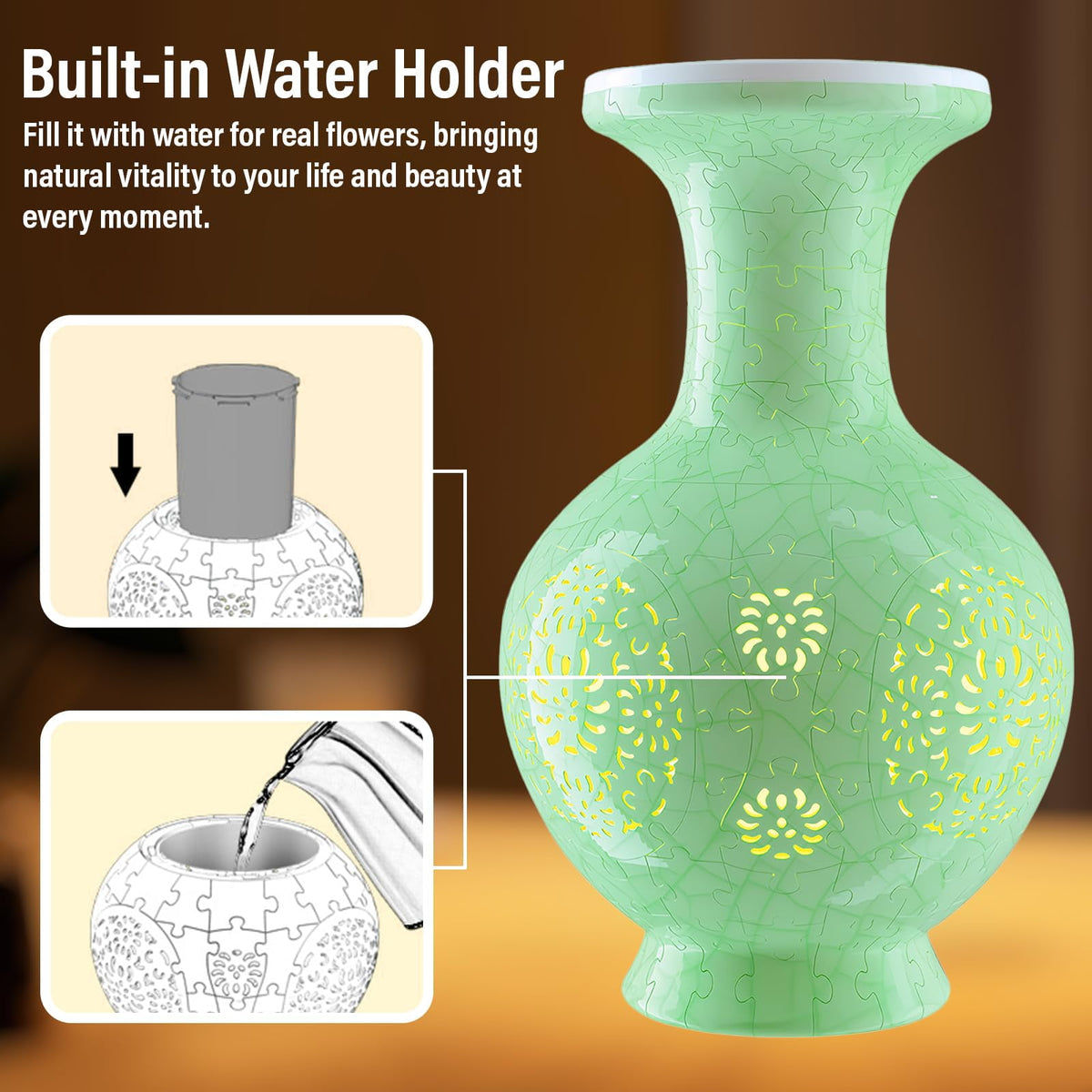 3D Vase Puzzle with Lighting ,200Pieces 3D Puzzles for Adults,Vase Puzzle for Home Decor,Christmas Birthday Gifts