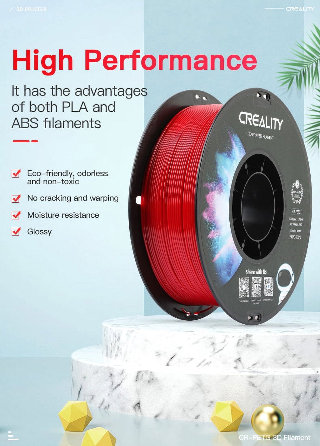 Creality PETG 3D Printer Filament 1.75mm 1kg/2.2lbs Non-Toxic Strong Toughness Filament Accuracy +/-0.02mm, White
