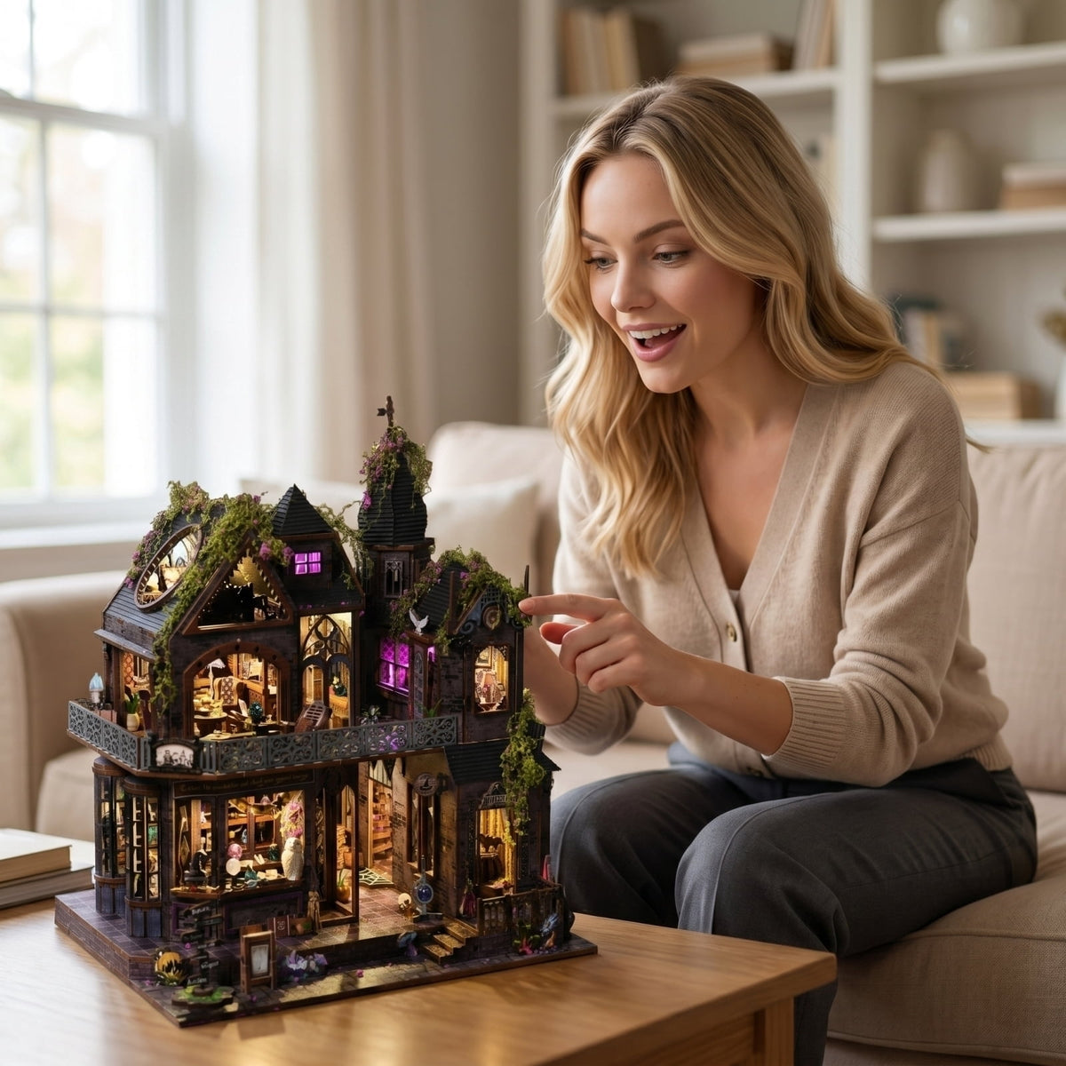 Halloween DIY Enchanted Castle, Light‑Up Musical Magic Store Building Set, Craft Kits for Adults, Detailed Wooden 3D Puzzle Model, Halloween Decorations Indoor & Holiday Collectible Gift