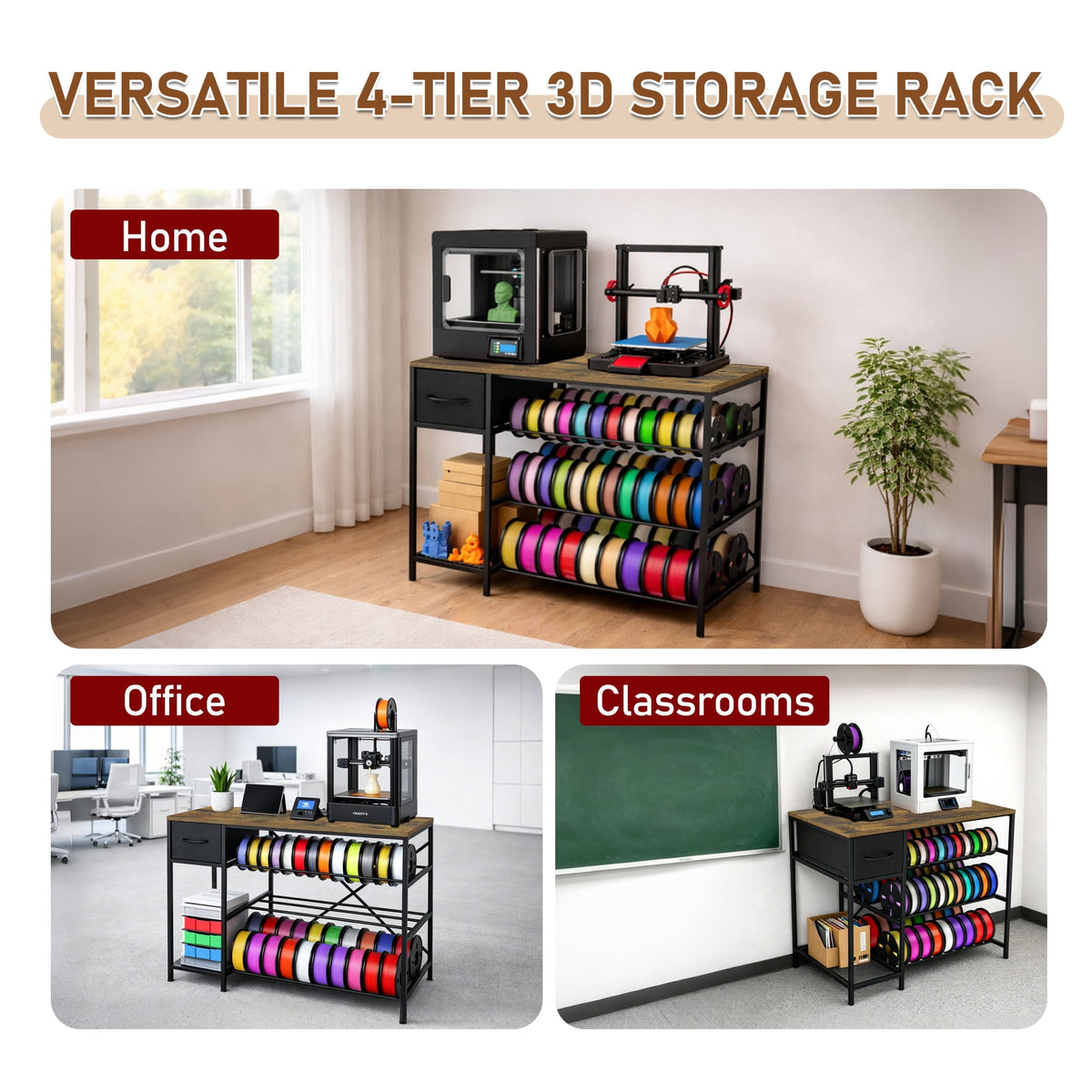 3D Printer Stand with Large Filament Storage – 4-Tier 3D Printer Filament Storage Rack with Drawer, Heavy Duty 3D Printer Table Desk for Home, Workshop, Office, Studio, Classroom, Garage