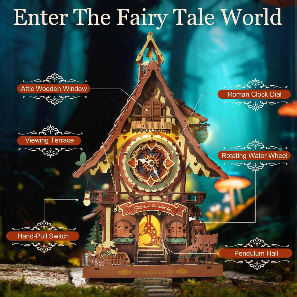 ROKR Cuckoo Clock 3D Wooden Puzzle Kit, Mechanical Clock Model with Moving Pendulum and LED Light, Colorful DIY Craft Decor Xmas Gift Toy for Adults