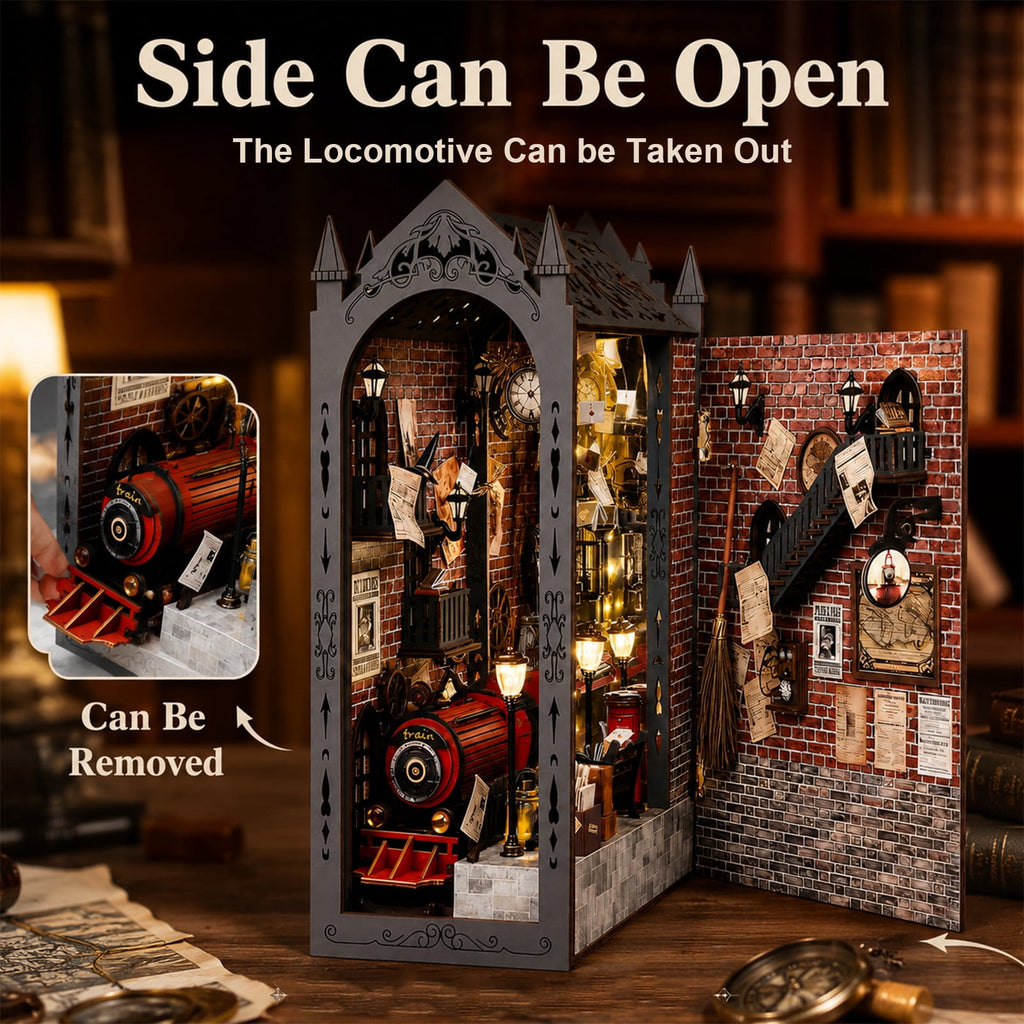 MOJINO DIY Book Nook Kit with LED Light, Train Station Miniature House Kit, 3D Wooden Puzzle Bookshelf Insert Bookend, DIY Dollhouse Book Nook Decor for Adults and Teens