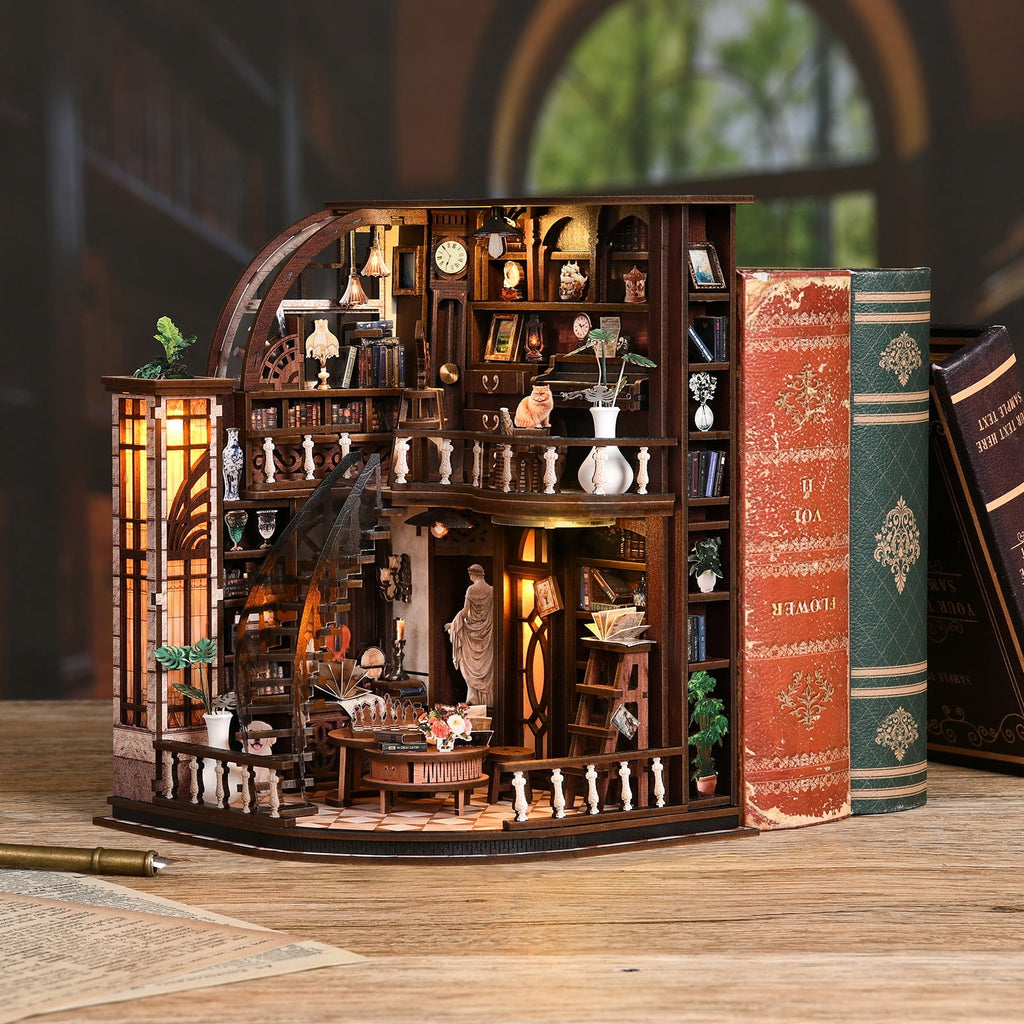 DIY Book Nook Kit with LED Light,Forest Tea Book Club Miniature House Bookshelf Insert Decor, 3D Wooden Puzzle Dollhouse Craft Kit for Adults Teens, Book Lover Gift