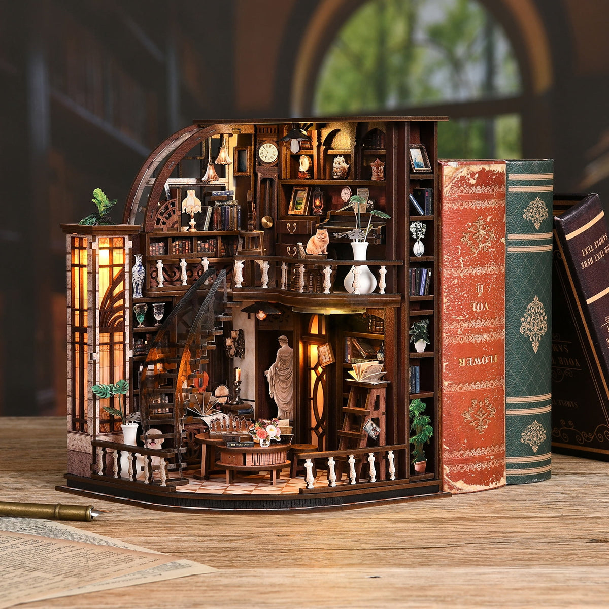 DIY Book Nook Kit with LED Light,Forest Tea Book Club Miniature House Bookshelf Insert Decor, 3D Wooden Puzzle Dollhouse Craft Kit for Adults Teens, Book Lover Gift