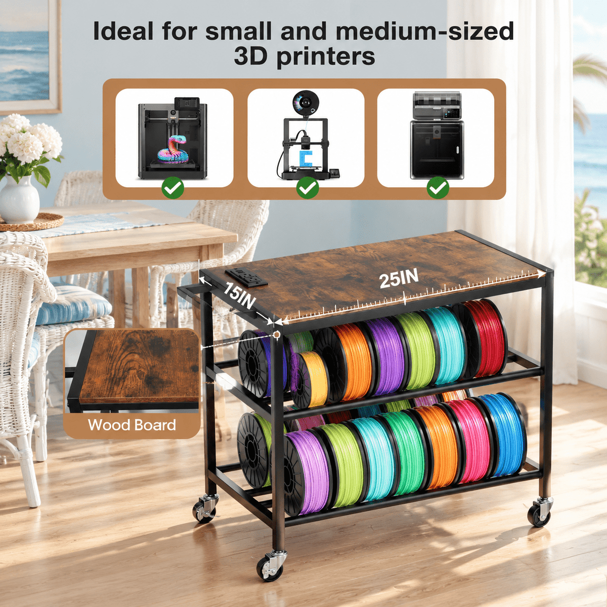 Rectangular Brown Heavy Duty Metal 3D Printer Table with Storage Drawer and Power Hub