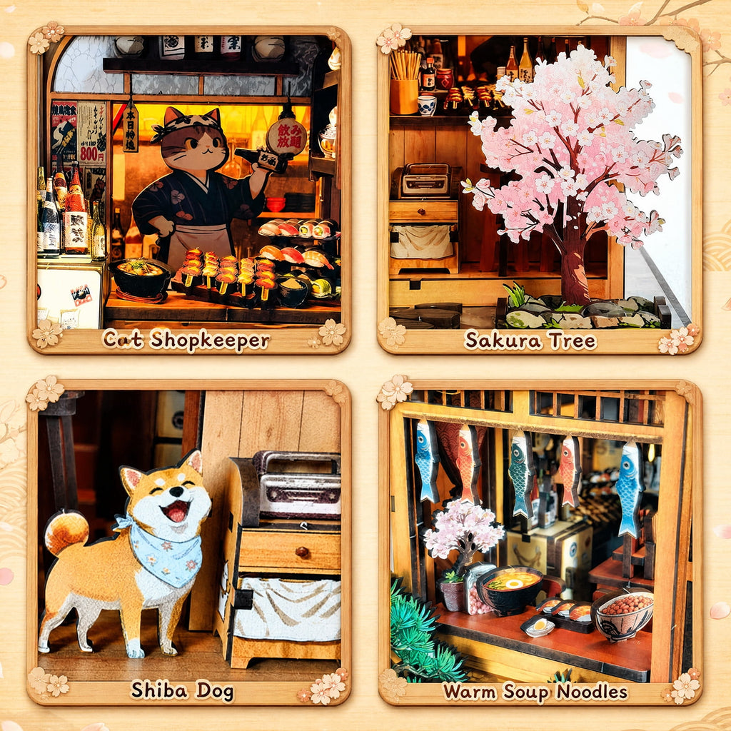 MOJINO Book Nook Kit for Adults, DIY Miniature House Kit Yakitori Grill House, 3D Wooden Puzzle with LED Light, Japanese Bookshelf Decor Craft Kit