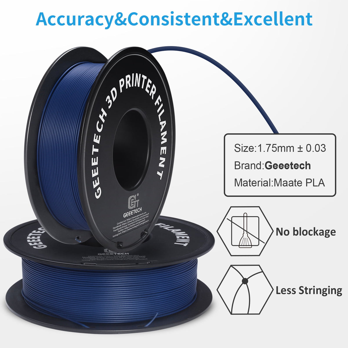 Geeetech navy blue Matte PLA Filament Matte 1KG, 1.75mm 3D Printer Filament Dimensional Accuracy +/- 0.01mm, 1kg Carboard Spool (2.2lbs) for Most FDM 3D Printers