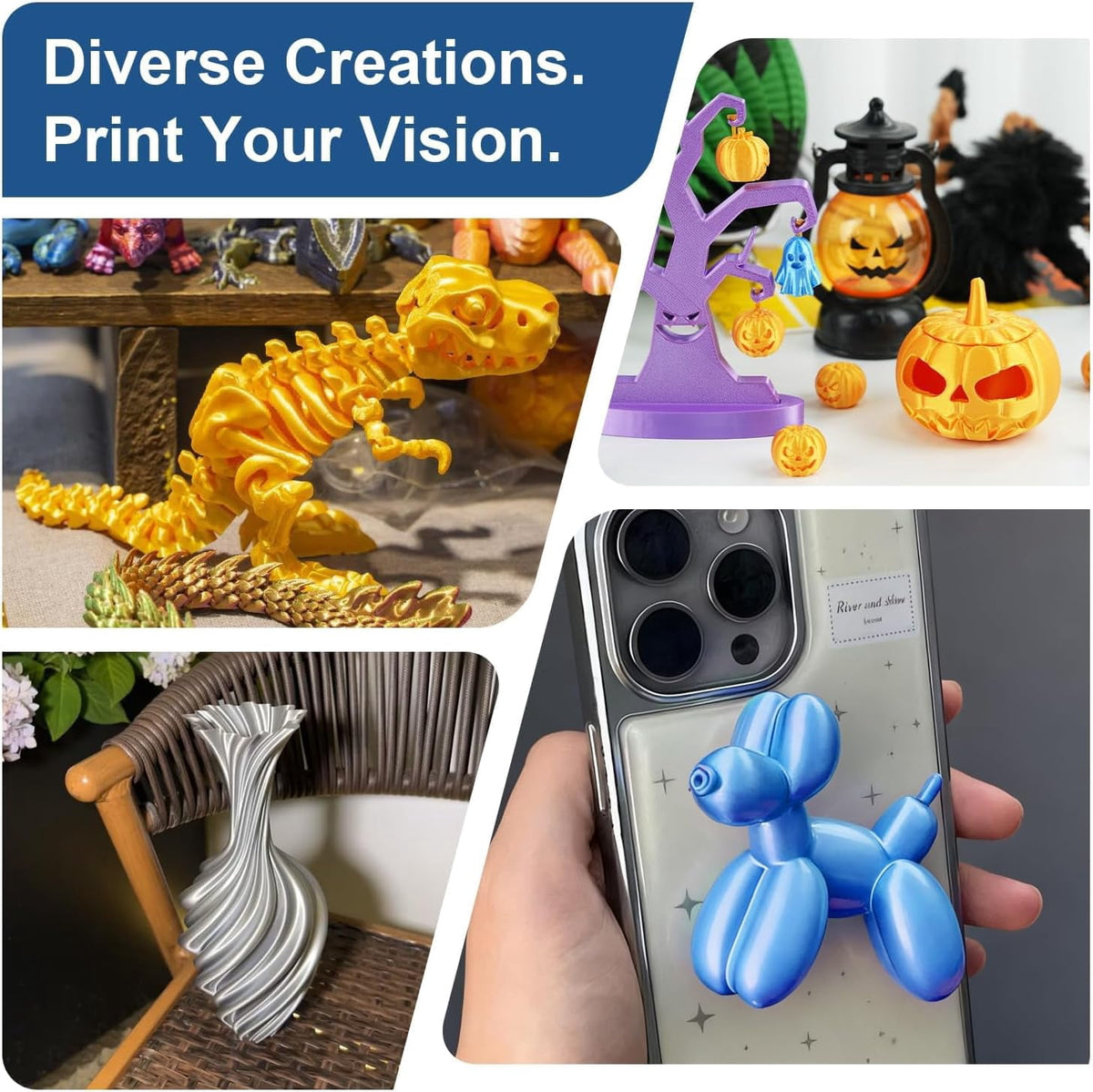 3D Printer Filament Bundle, Silk PLA 6 Colors 1.75mm/250gx6 Spools High Gloss, Super Shiny&Smooth, Beginner-Friendly for DIY, (Gold/Silver/Red/Green/Blue/Purple)