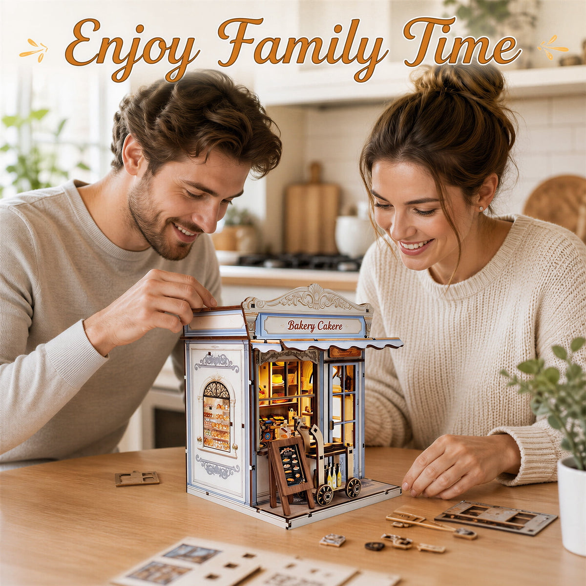 MOJINO DIY Book Nook Kit, Vintage Bakery Miniature House 3D Wooden Puzzle with LED Light, Tiny Home Dollhouse Craft Kit for Adults & Teens, Bookshelf Decor