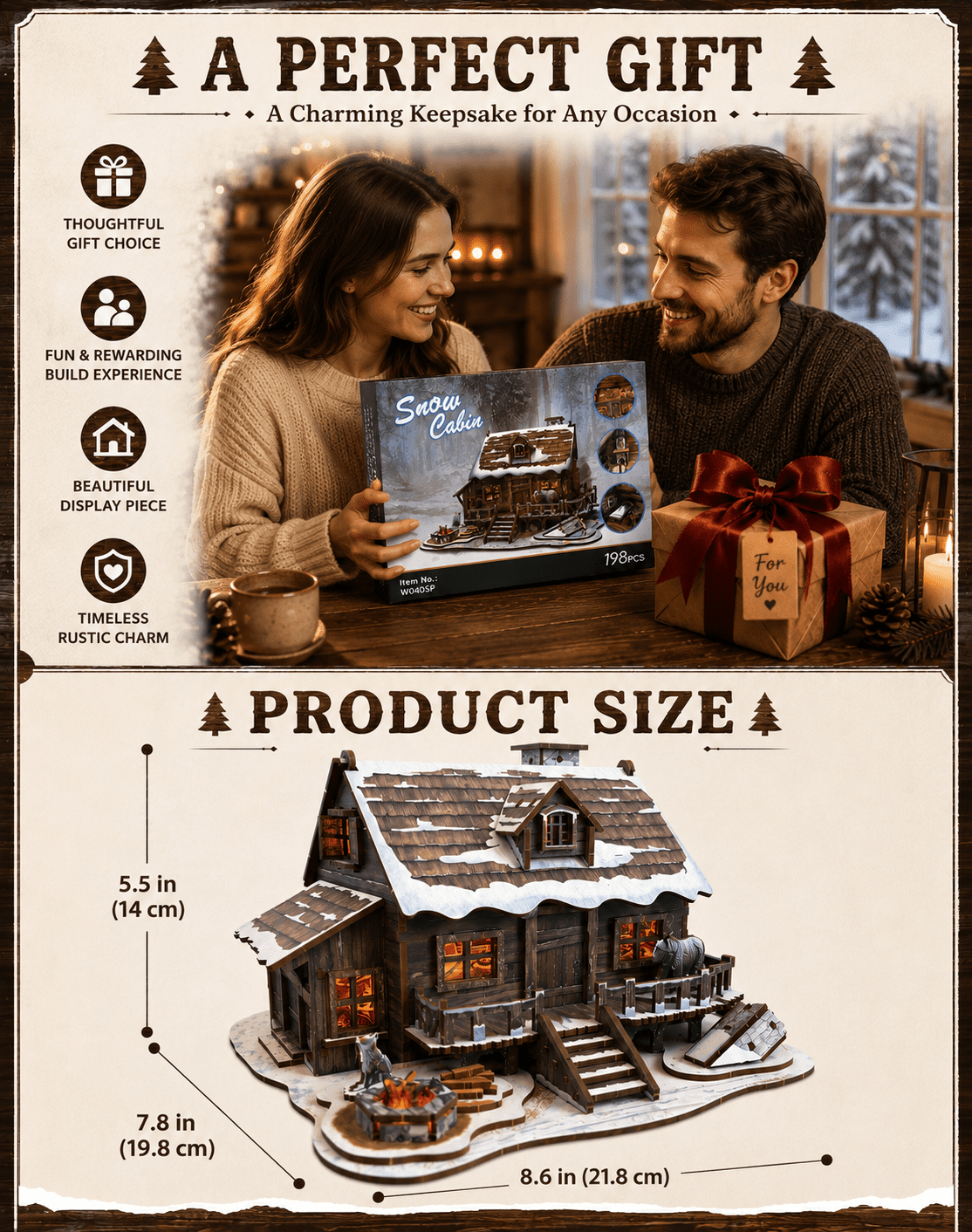 LED 3D Wooden Puzzle Winter Cabin DIY Miniature Building Kit with LED Lights - 3D Craft Rural Wooden Cabin Models Decor Gift for Adult