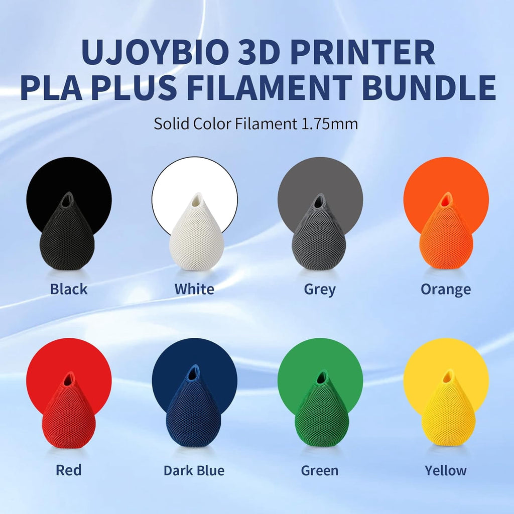 8 Color Bundle Hyper PLA+ 3D Printer Filament Multicolor Filament 1.75mm Individually Vacuum Packed 0.25kg per Spool Pack (Black+Jade White+Grey+Orange+Red+Dark Blue+Green+Yellow)