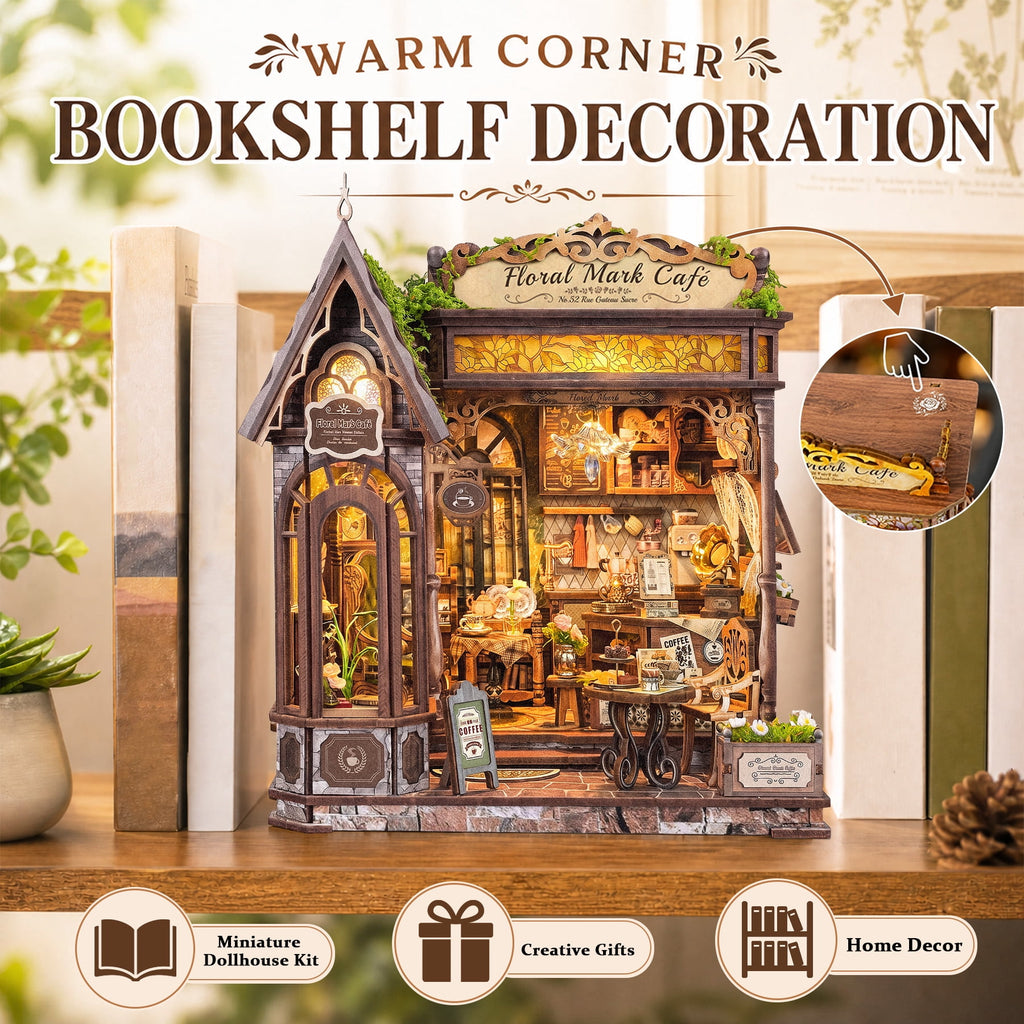 MOJINO Book Nook Kit for Adults, Floral Mark Cafe DIY Miniature House Kit with LED Light, 3D Wooden Puzzle Bookshelf Decor Craft Kit, 368 Pieces