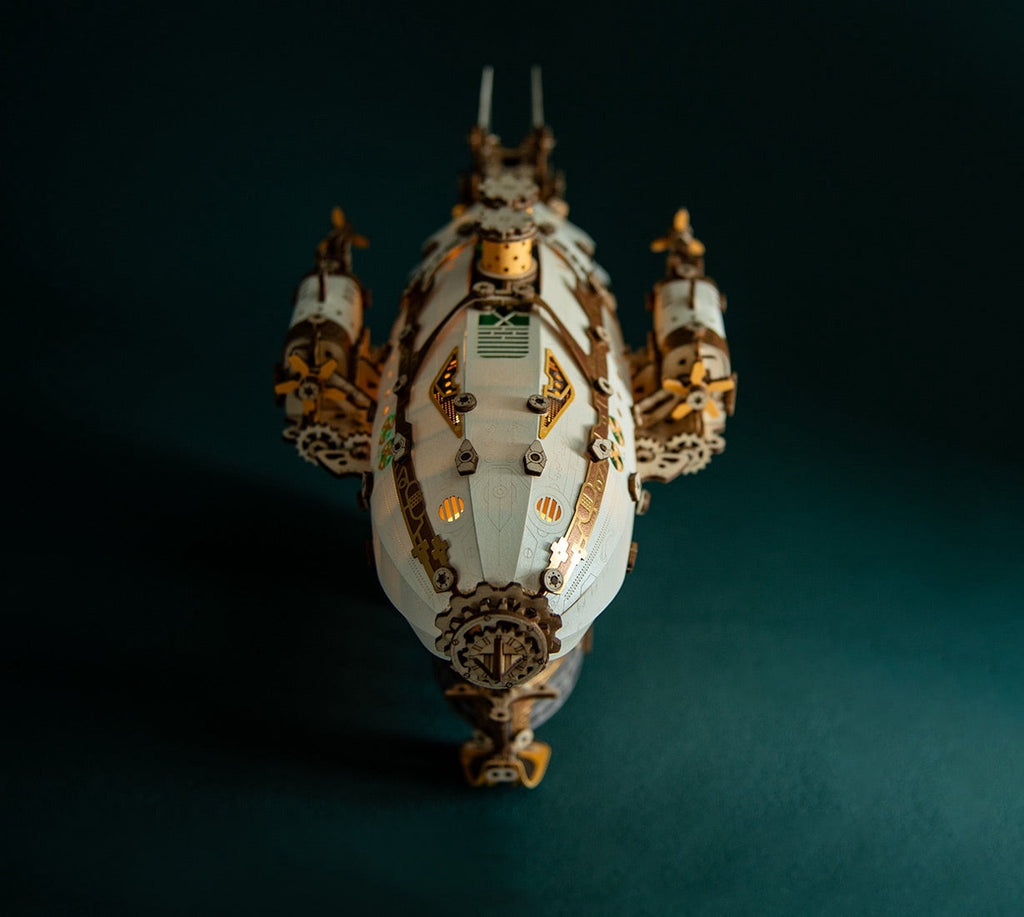 Steampunk Airship Blimp 3D Wooden Puzzle Model Kit with LED Lights, Vintage Desk Decor Craft Gift for Adults