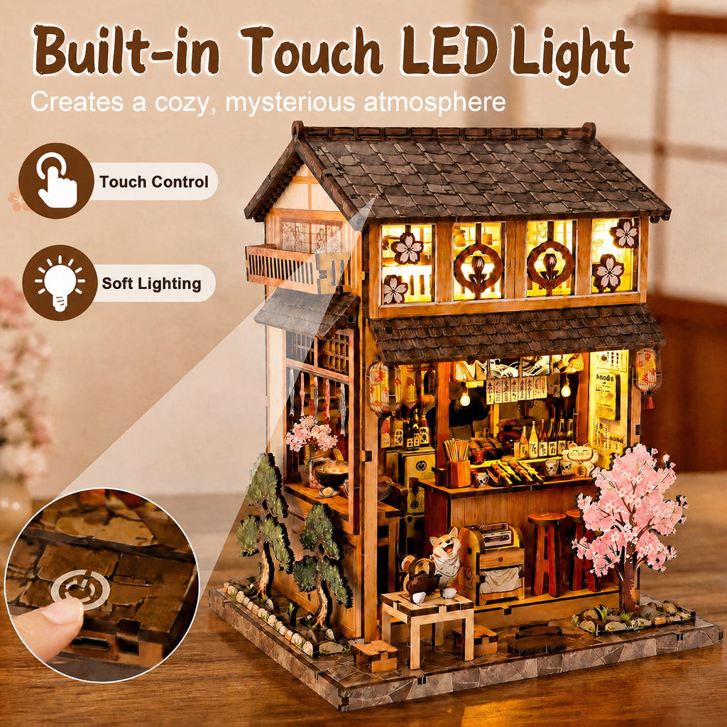 MOJINO Book Nook Kit for Adults, DIY Miniature House Kit Yakitori Grill House, 3D Wooden Puzzle with LED Light, Japanese Bookshelf Decor Craft Kit