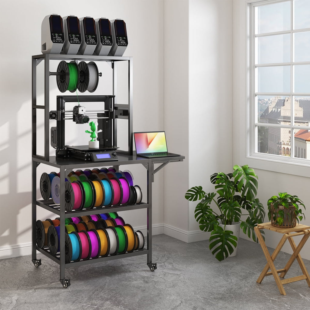 ENTU 3D Printer Stand with Filament Storage Heavy Duty Metal Workstation with T-Type Spool Holder Built-In Power Panel for Home Workshop Black