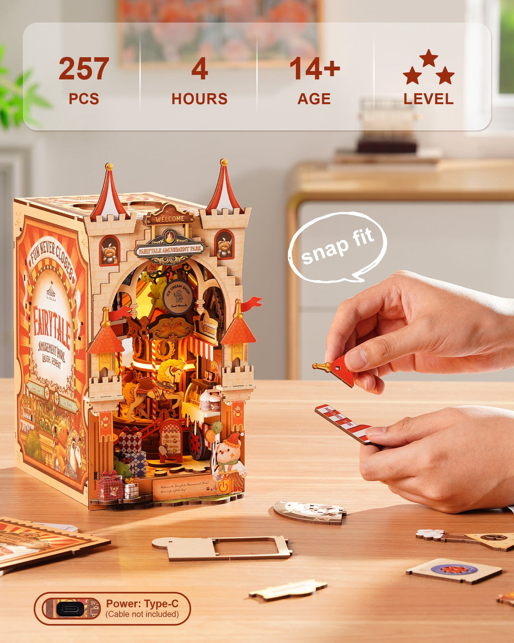 Robotime Fairytale Amusement Park Wooden 3D Puzzle, Diy Book Nook Building Kit for Adults, 257 Pieces