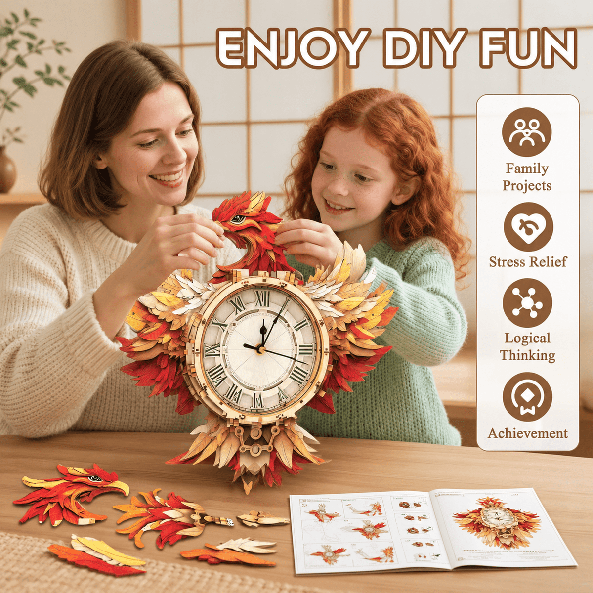 Wooden House Clock 3D Puzzle DIY Mechanical Clock Kit for Adults Teens