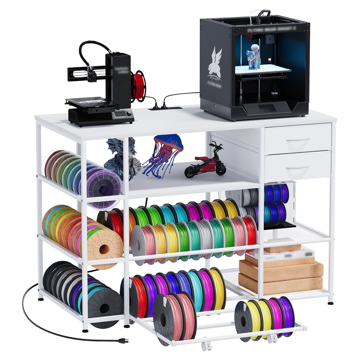 Advwin 47" Heavy Duty 3D Printer Stand with Power Outlet, Pull-Out Rolling Filament Storage Rack, 2 Fabric Drawers & Open Shelves, 3D Printer Table Workstation for Home Office Studio, Black