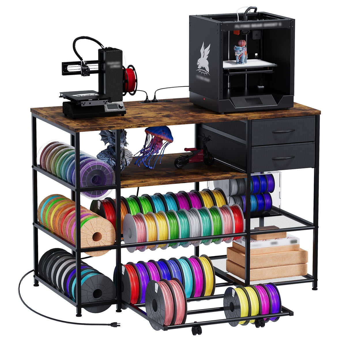Advwin 47" Heavy Duty 3D Printer Stand with Power Outlet, Pull-Out Rolling Filament Storage Rack, 2 Fabric Drawers & Open Shelves, 3D Printer Table Workstation for Home Office Studio, Black