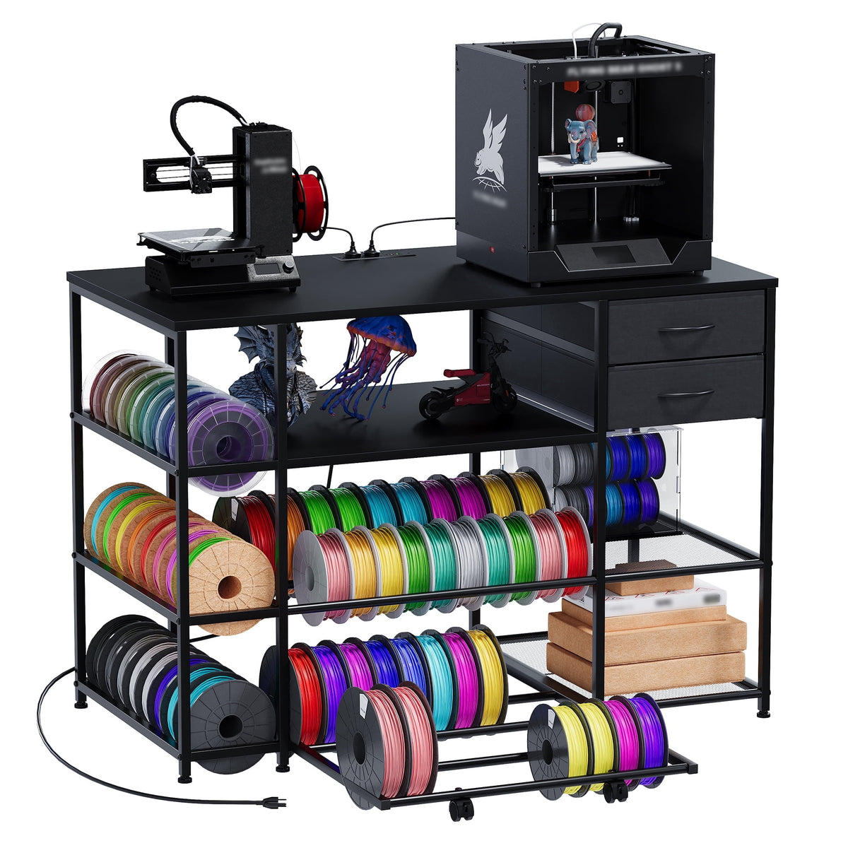 Advwin 47" Heavy Duty 3D Printer Stand with Power Outlet, Pull-Out Rolling Filament Storage Rack, 2 Fabric Drawers & Open Shelves, 3D Printer Table Workstation for Home Office Studio, Black