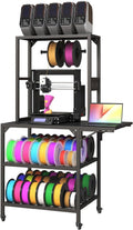 Black Metal 3D Printer Stand with Storage Rack, Wheels, and T-Shaped Spool Holder, 28.7x23.2x65.4 in