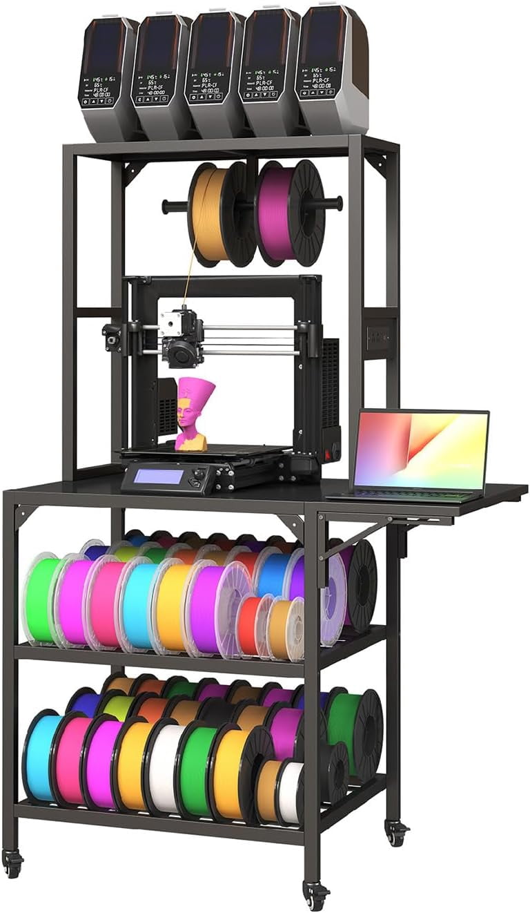 Black Metal 3D Printer Stand with Storage Rack, Wheels, and T-Shaped Spool Holder, 28.7x23.2x65.4 in
