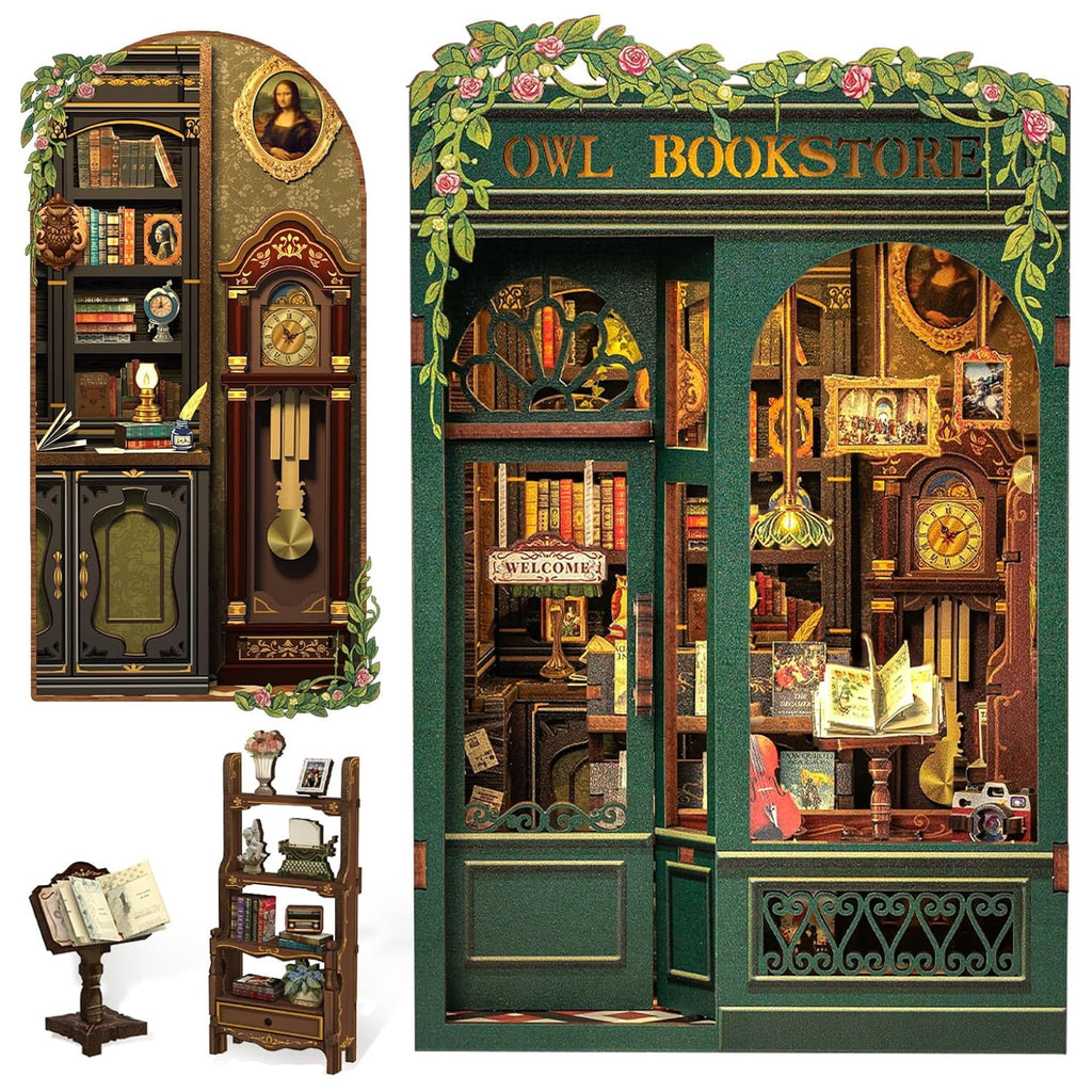 Book Nook Kit, 3D Wooden Mini Book House Puzzle, Handmade DIY Owl Bookstore, Miniature Landscape Bookend