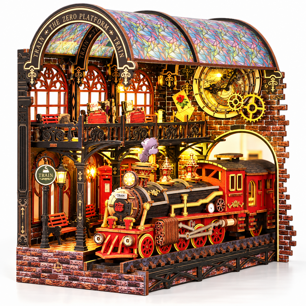 MOJINO Book Nook Kit, Miniature House Kit for Adults with LED Lights, 3D Wooden Puzzle Bookshelf Insert Decor, Midnight Platform Arts and Crafts Building Model Gift for Teens